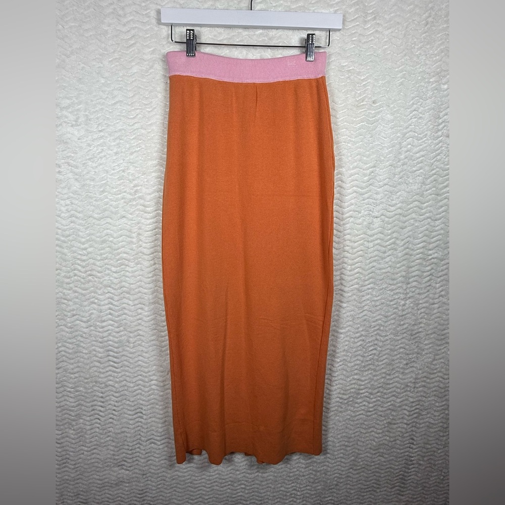 Women's Orange Knit Midi Skirt with Pink Waistband - Picture 7 of 7